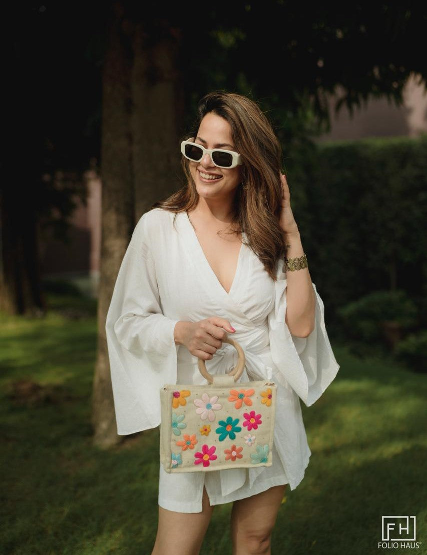 White Floral Mini Tote Bag