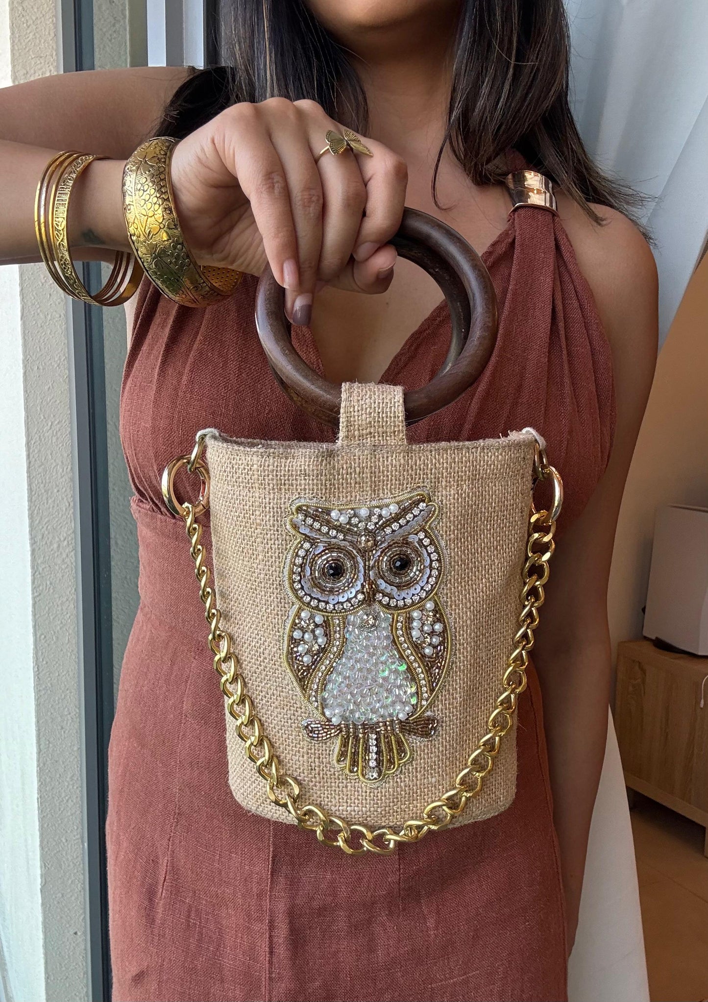Golden Hoot Bucket Bag