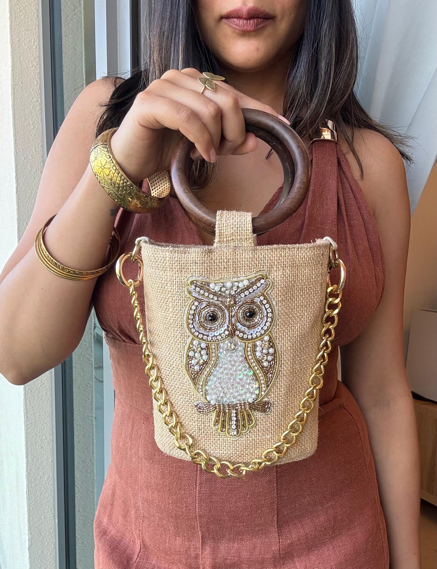 Golden Hoot Bucket Bag