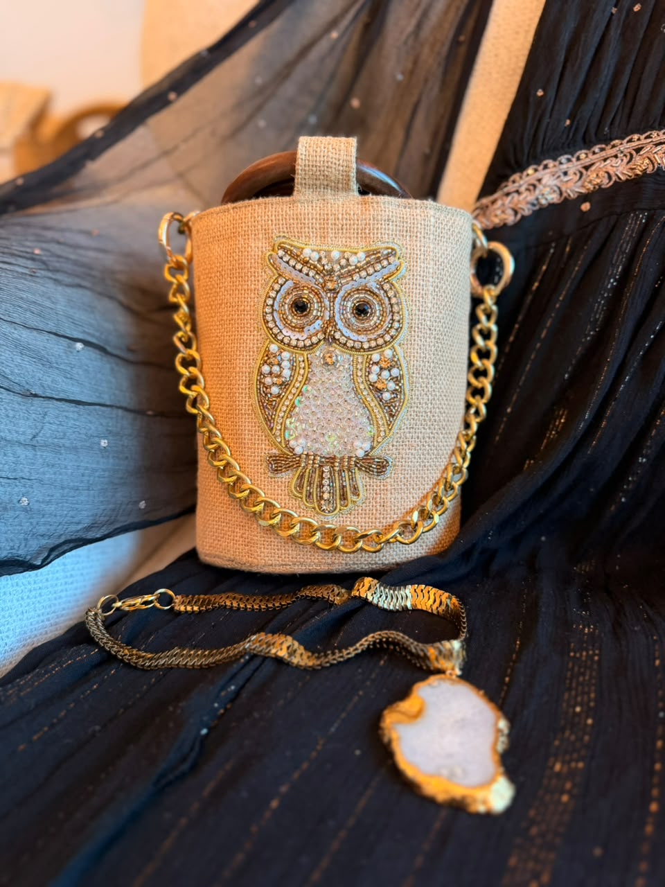Golden Hoot Bucket Bag